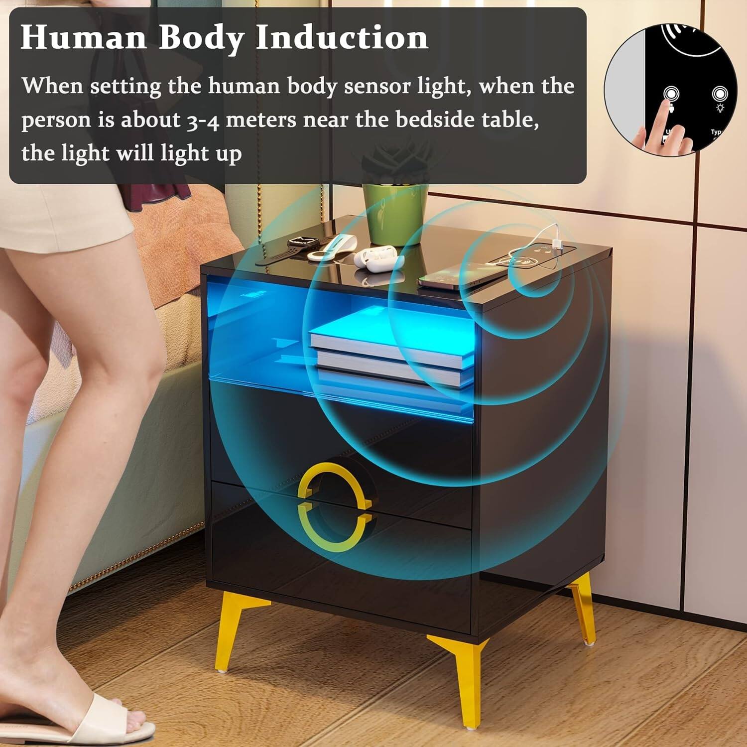 LED Nightstand with Wireless Charging Station, High Gloss Bedside 15.7